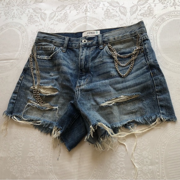 Pistola Jeans Denim Shorts Women’s Size 26 Blue Ripped Distressed Metal Chain - Picture 16 of 16